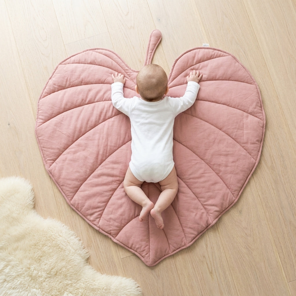 Pink Leaf playmat aerial view — Natural Nursery padded play mat