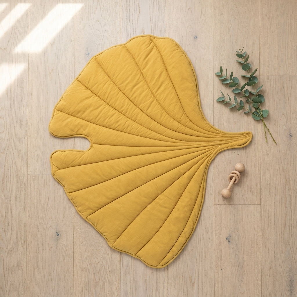 Yellow Leaf playmat aerial view — Natural Nursery padded play mat