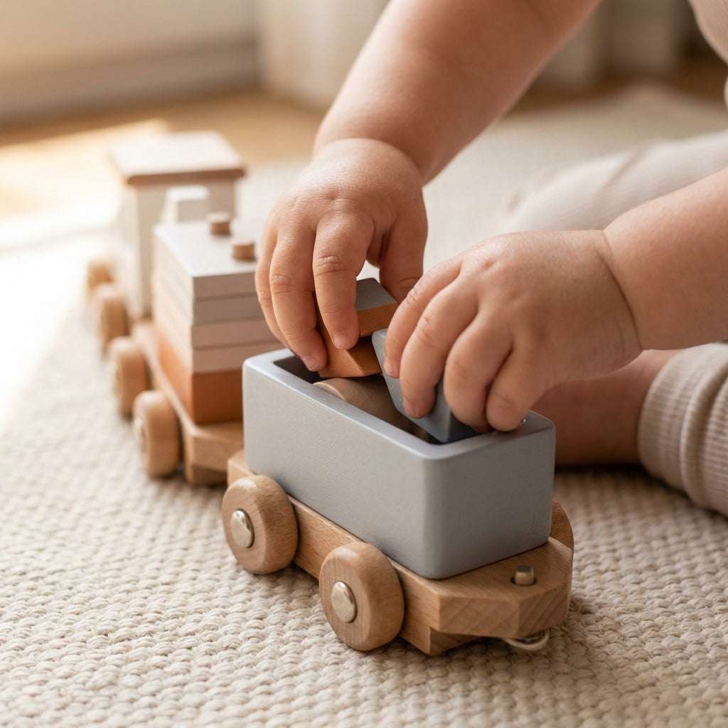 Wooden train playset craftsmanship detail — Natural Nursery beech wood