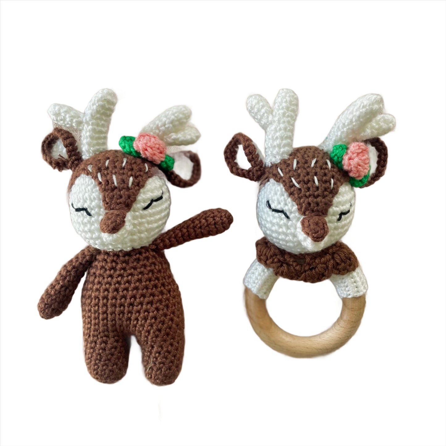 Brown deer doll and rattle set