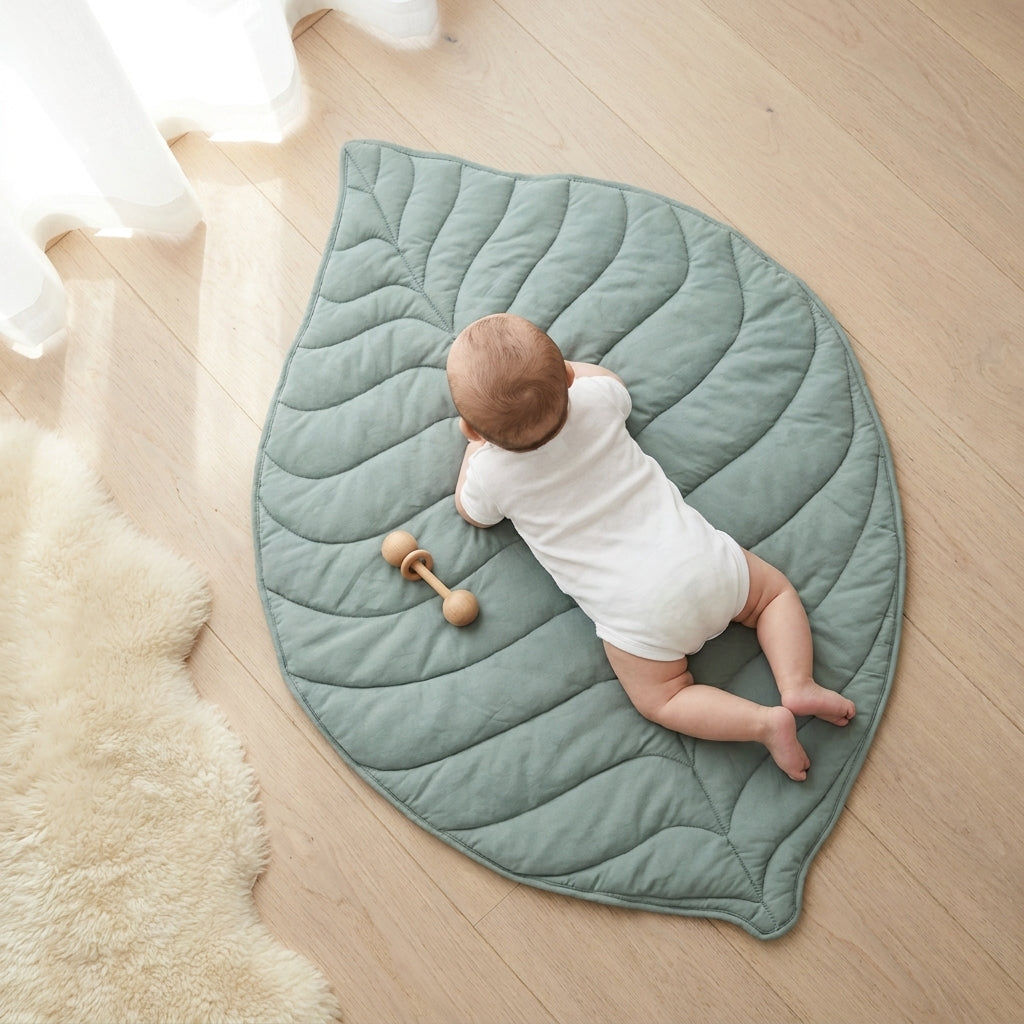 Green Leaf playmat aerial view — Natural Nursery padded play mat