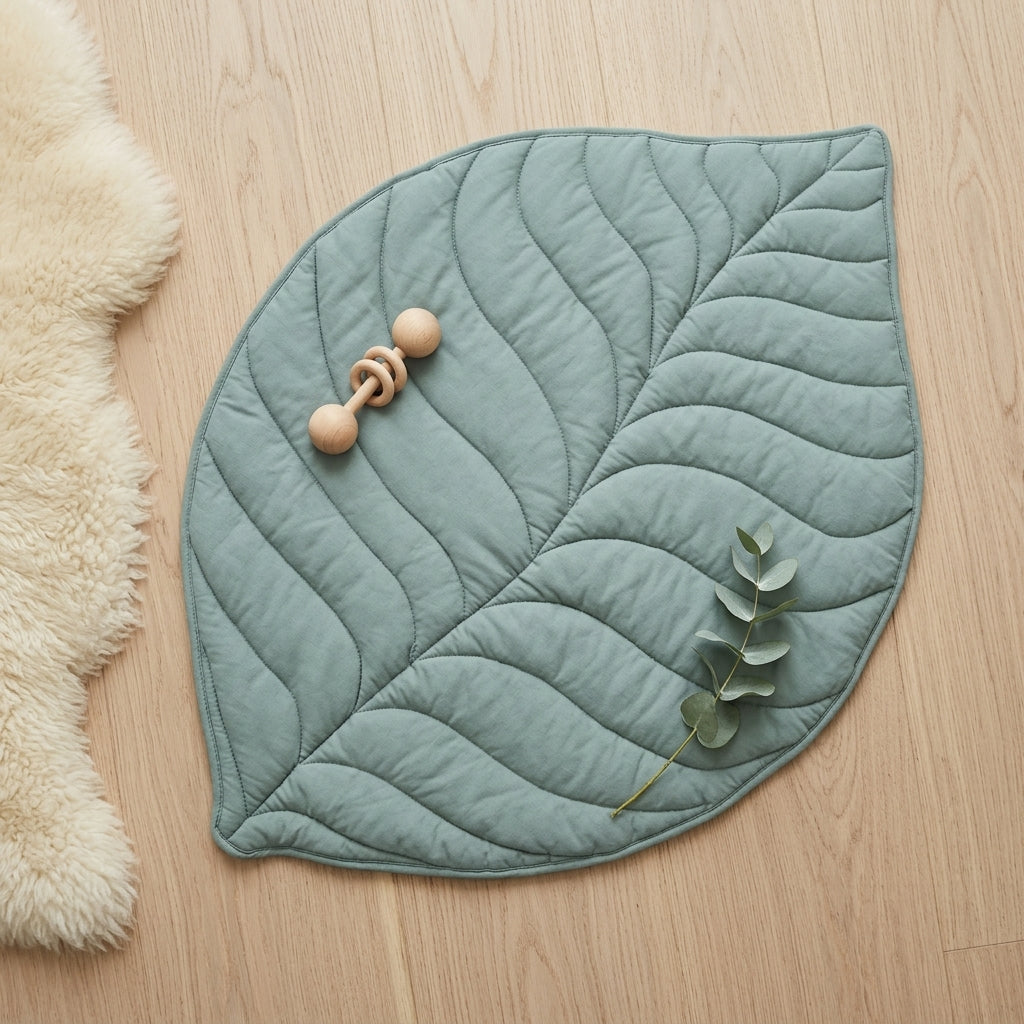 Green Leaf playmat flatlay on linen — Natural Nursery tummy time