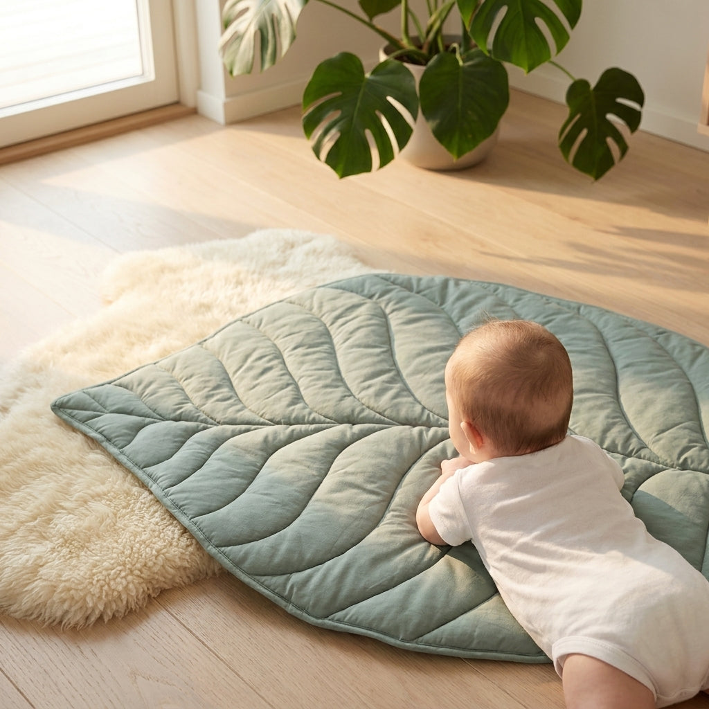 Baby on Green Leaf playmat — Natural Nursery padded tummy time mat