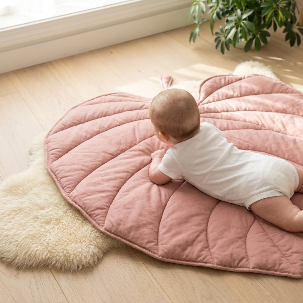 Baby on Pink Leaf playmat — Natural Nursery padded tummy time mat