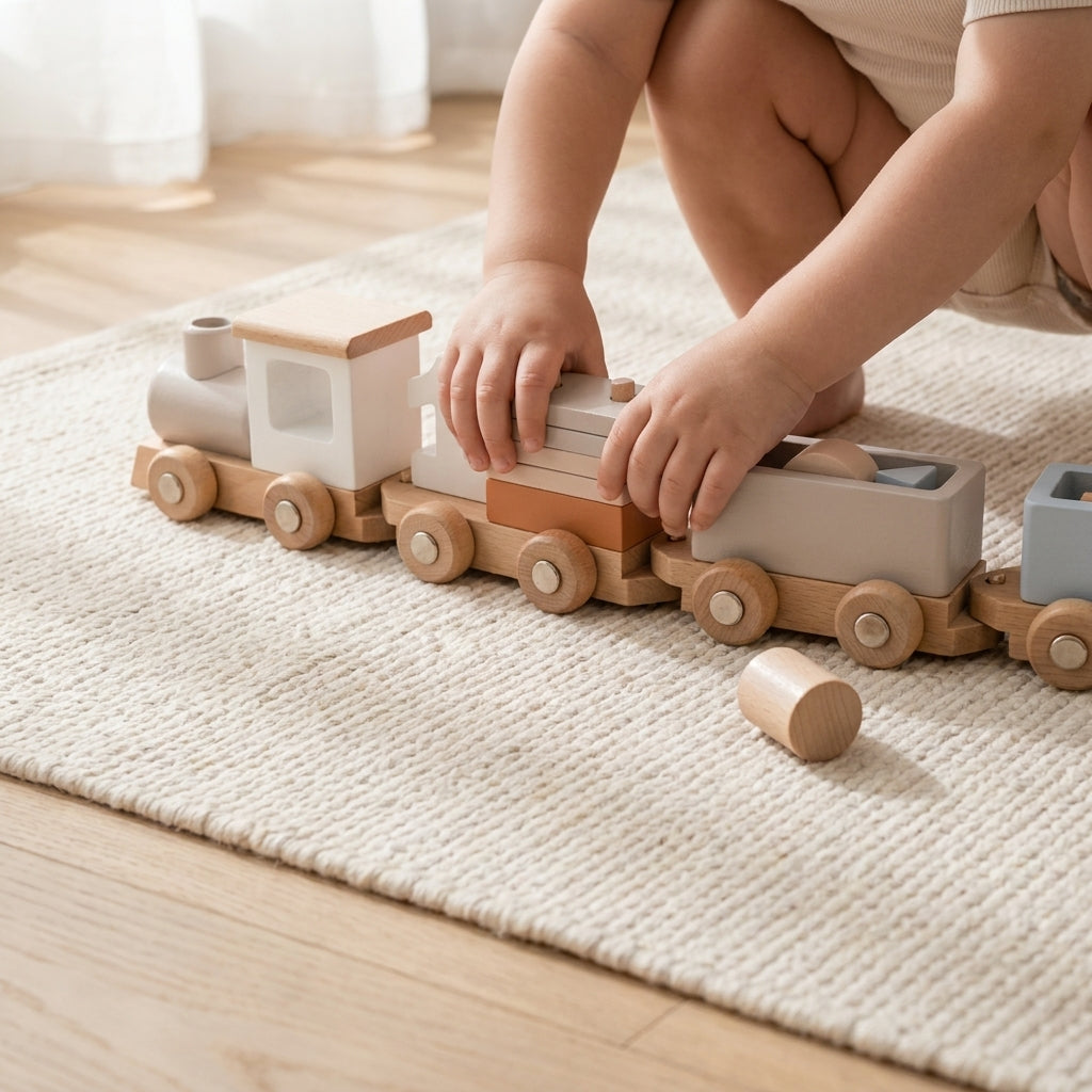 Hands building wooden train track — Natural Nursery Montessori wooden toy