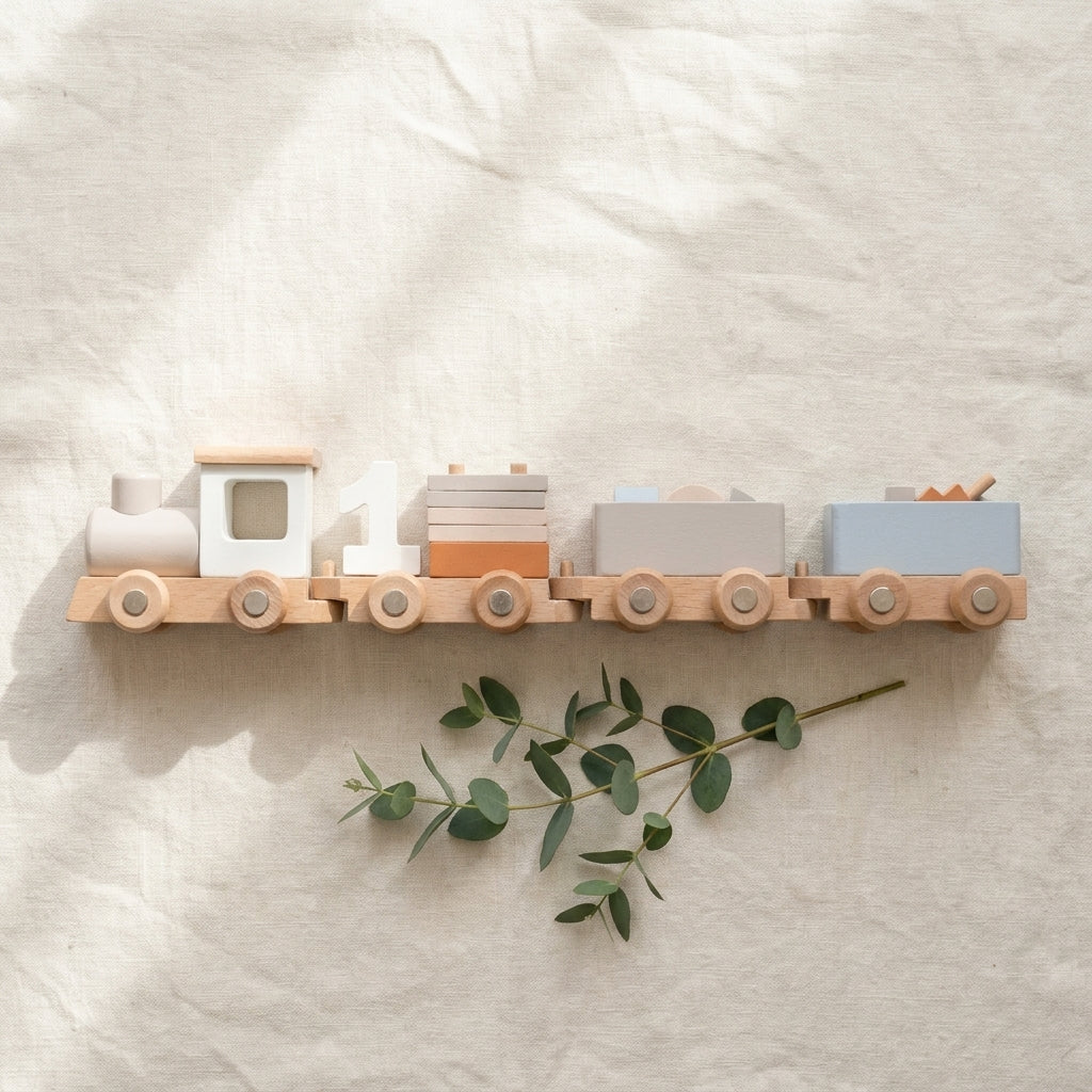 Wooden train playset on linen — Natural Nursery beech wood Montessori toy