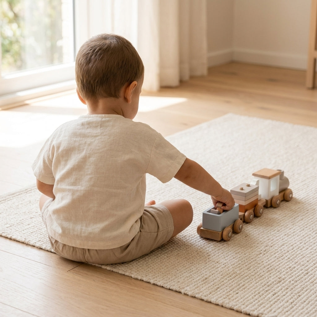 Toddler playing with wooden train — Natural Nursery educational toy