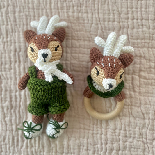 Green deer doll and rattle set