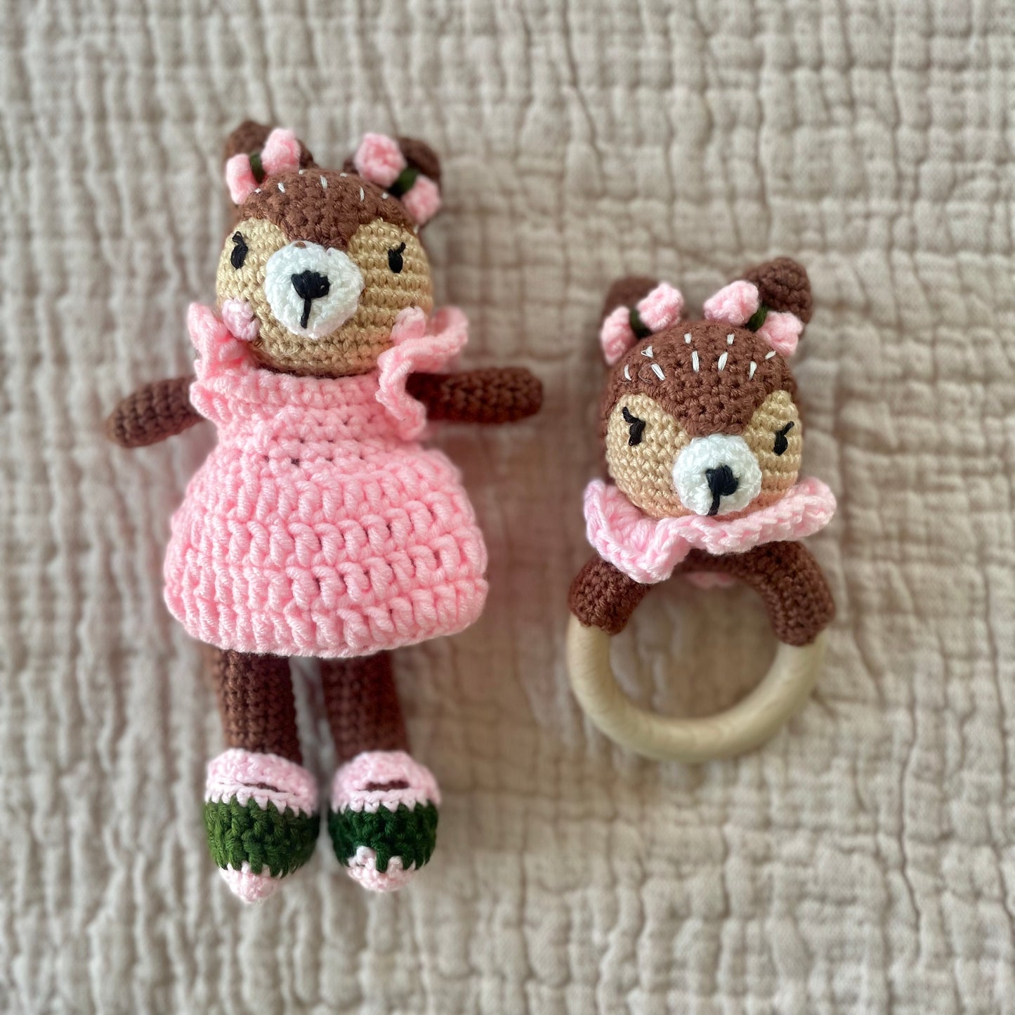 Pink fawn doll and rattle set