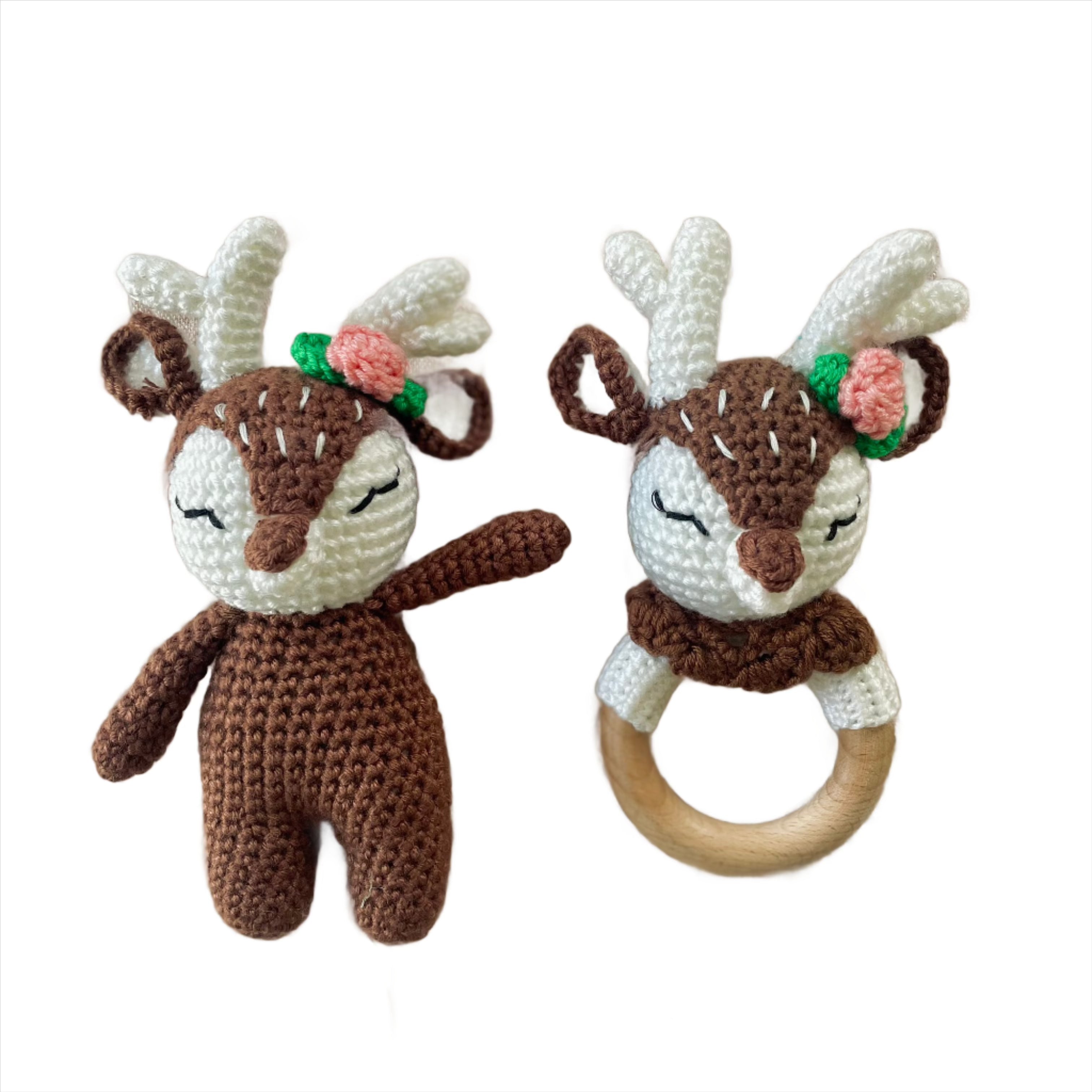 Handmade Brown Deer Doll & Rattle Set – Unique Festive Gift for Babies ...